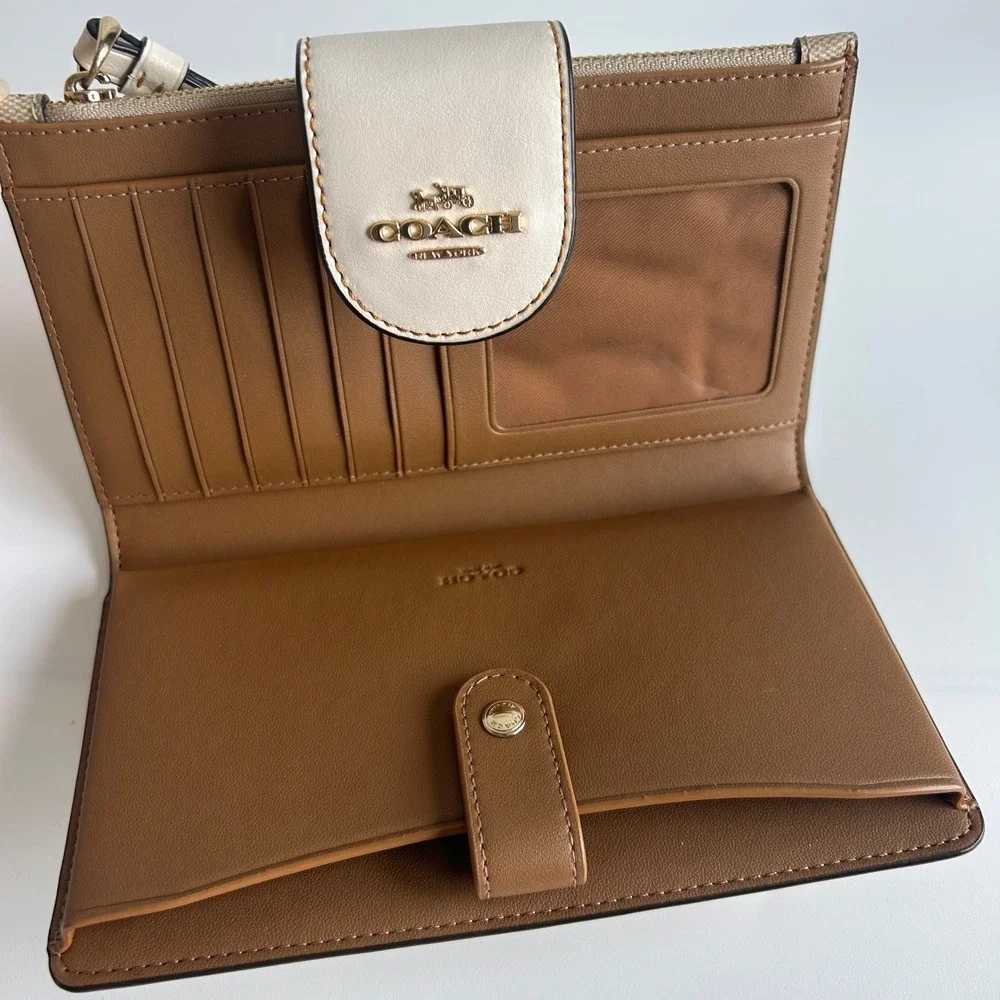 Coach Phone Wallet Khaki Floral Signature Canvas Leather Wristlet Excellent